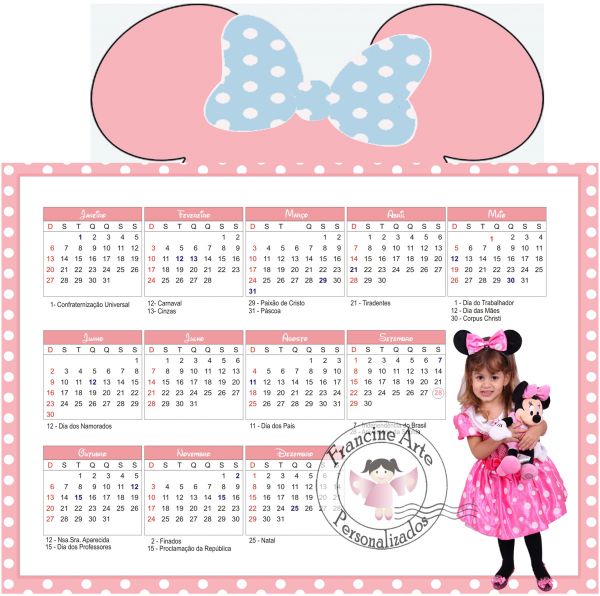 Calendário Imantado Tema Minie Rosa